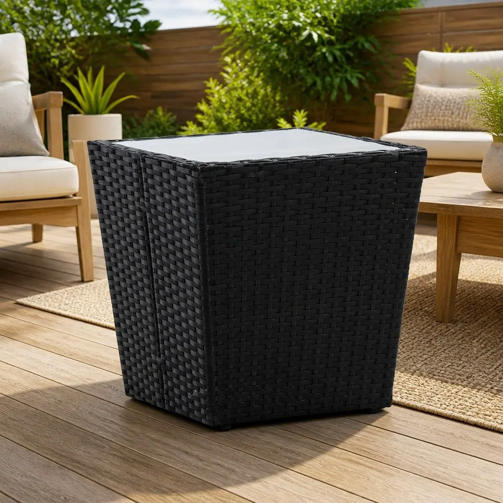 Outdoor Tea Table Rattan Black Weather Resistant Tempered Glass Top 41.5x41.5x43cm