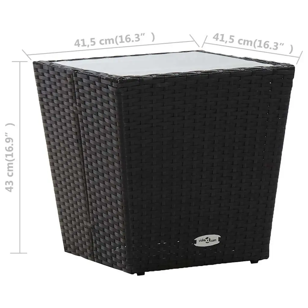 Outdoor Tea Table Rattan Black Weather Resistant Tempered Glass Top 41.5x41.5x43cm