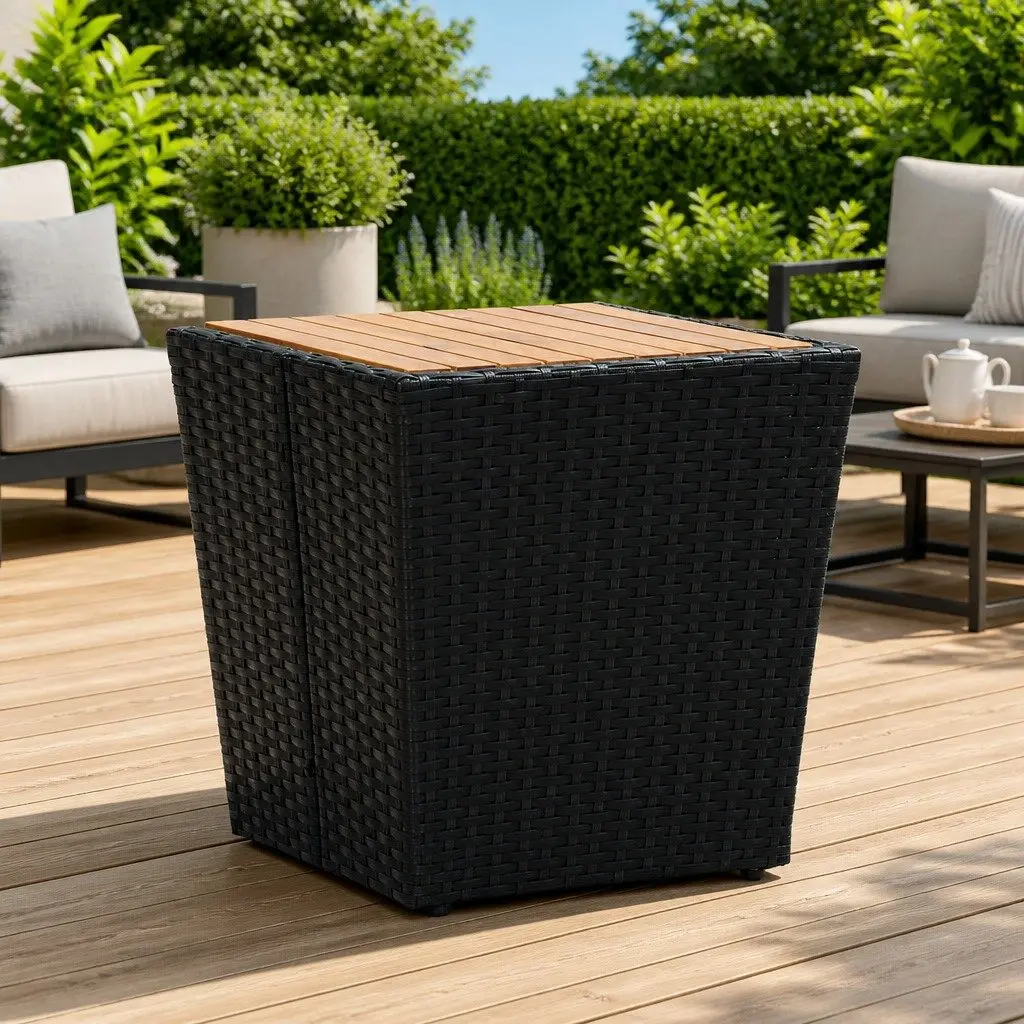 Outdoor Tea Table Black Acacia Wood Top Weather-Resistant PE Rattan Steel Frame 41.5 x 41.5 x 43 cm