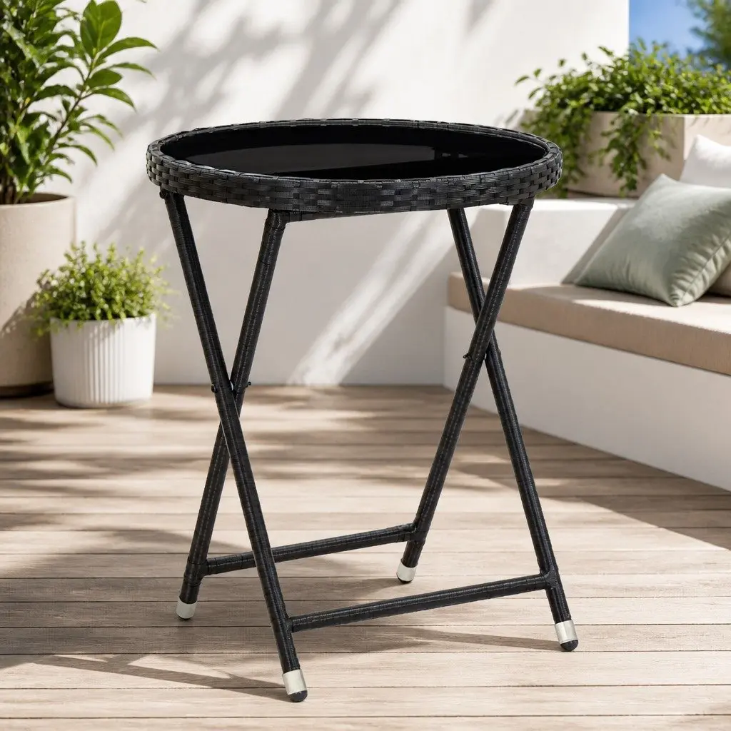 Outdoor Tea Table Black Weather-resistant PE Rattan 60cm Tempered Glass Folding