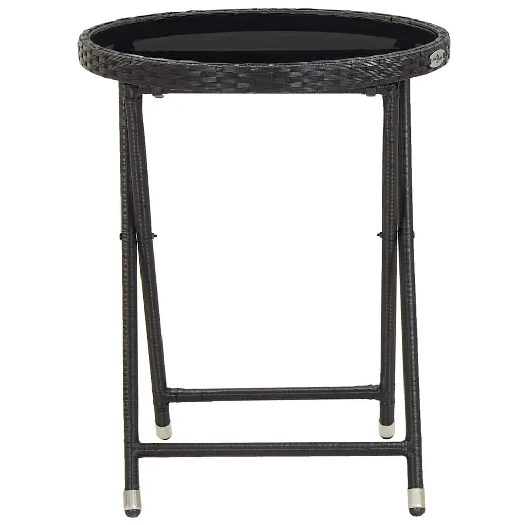 Outdoor Tea Table Black Weather-resistant PE Rattan 60cm Tempered Glass Folding