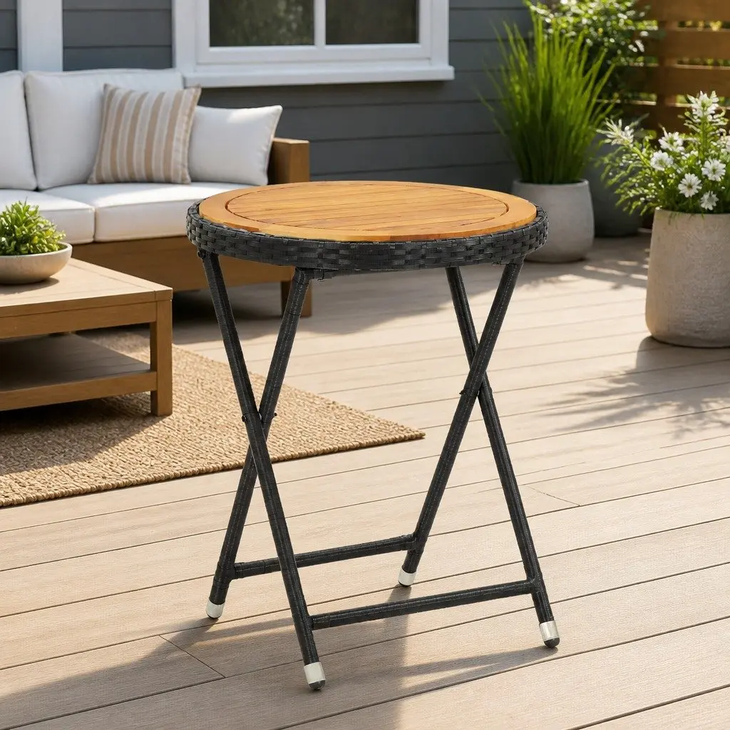 Outdoor Tea Table Black Poly Rattan Folding 60cm