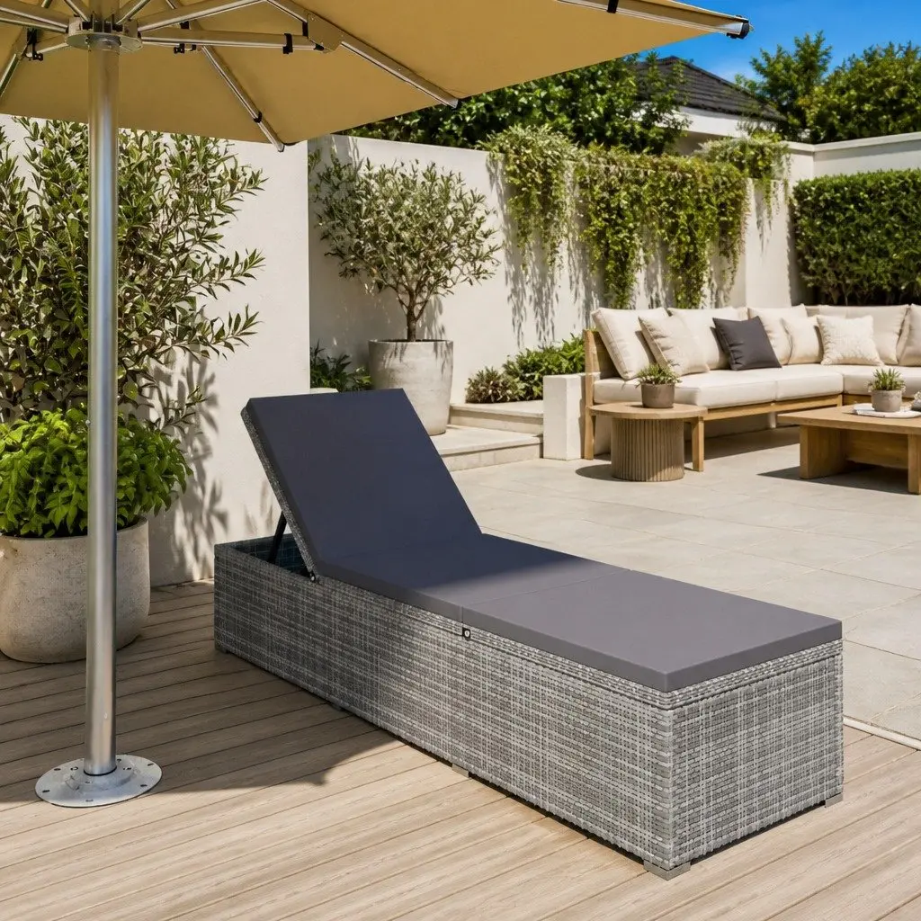 Sun Lounger Adjustable PE Rattan Grey with Cushion Outdoor Seating