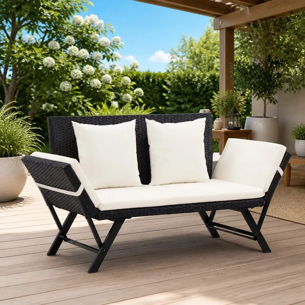 Outdoor Garden Bench Adjustable 176cm with Cushions Daybed Patio Rattan Lounger