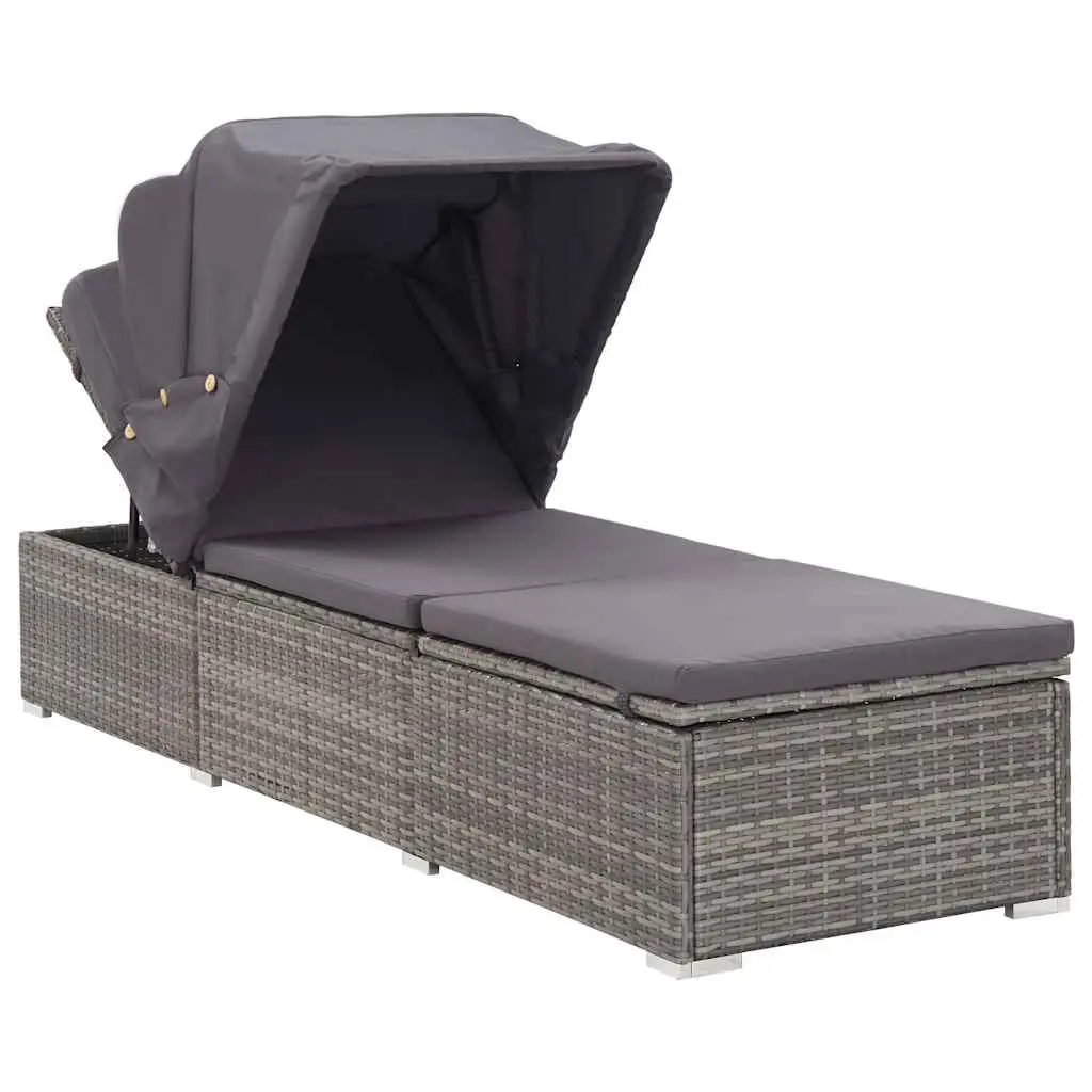Sun Lounger Foldable Canopy Grey PE Rattan Outdoor Patio Reclining Chair
