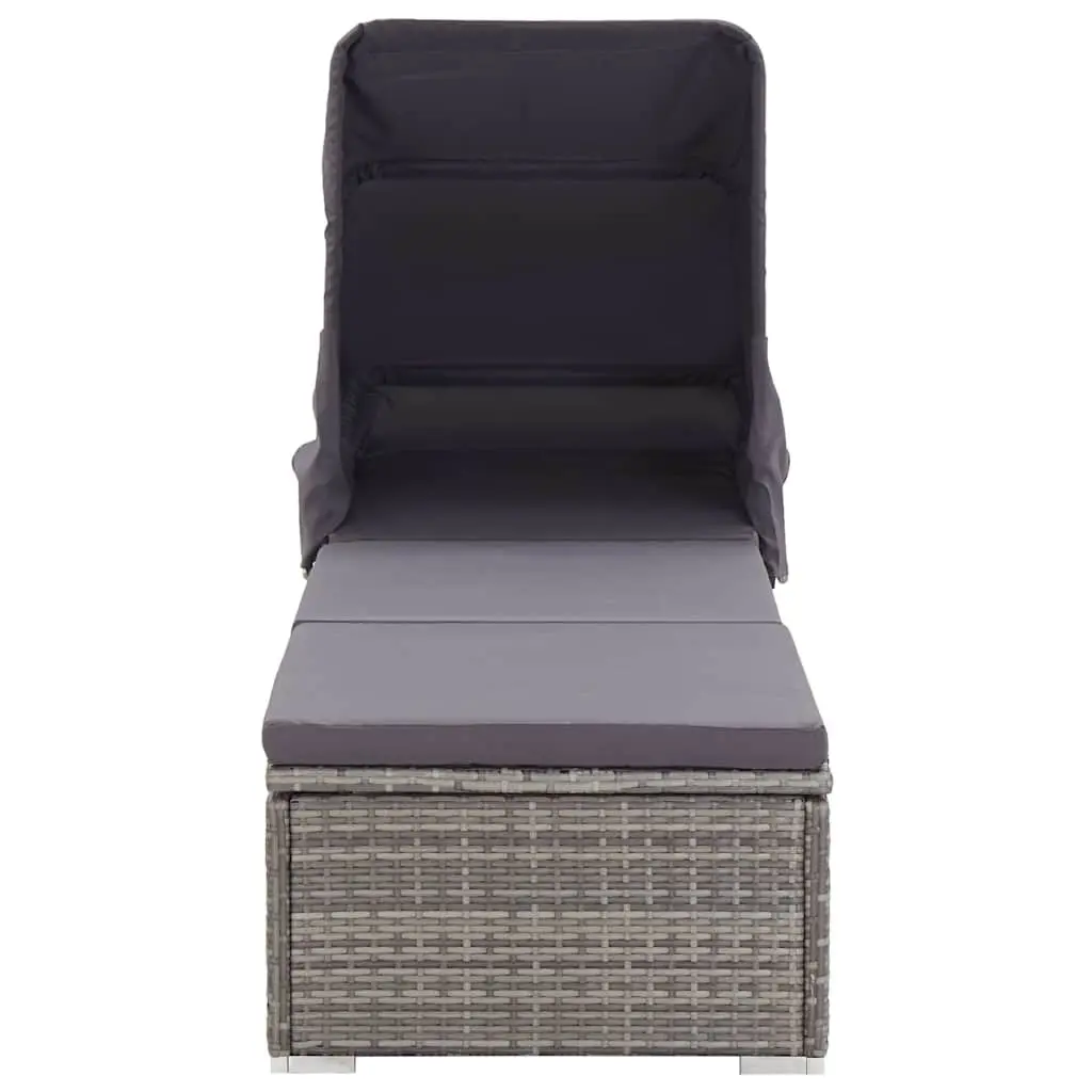 Sun Lounger Foldable Canopy Grey PE Rattan Outdoor Patio Reclining Chair