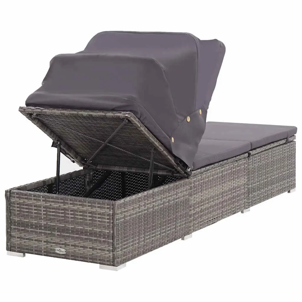 Sun Lounger Foldable Canopy Grey PE Rattan Outdoor Patio Reclining Chair
