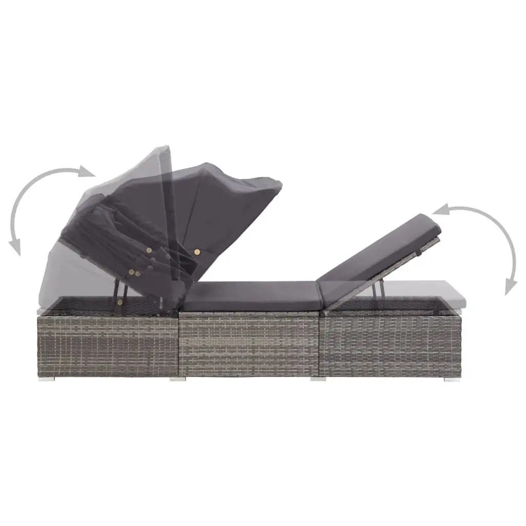 Sun Lounger Foldable Canopy Grey PE Rattan Outdoor Patio Reclining Chair