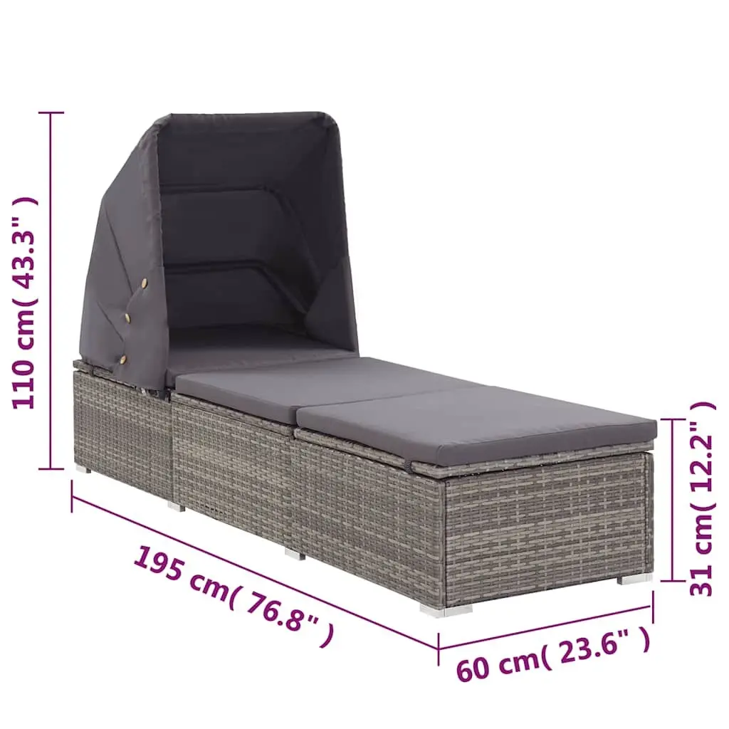 Sun Lounger Foldable Canopy Grey PE Rattan Outdoor Patio Reclining Chair