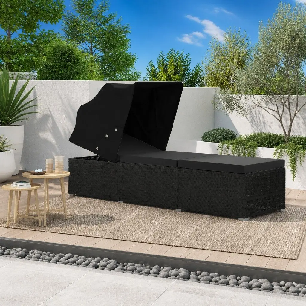 Sun Lounger with Canopy and Cushion Weather-resistant PE Rattan Outdoor Patio Bed Black