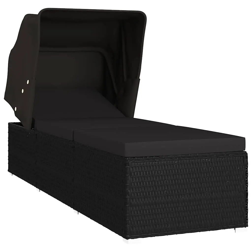 Sun Lounger with Canopy and Cushion Weather-resistant PE Rattan Outdoor Patio Bed Black