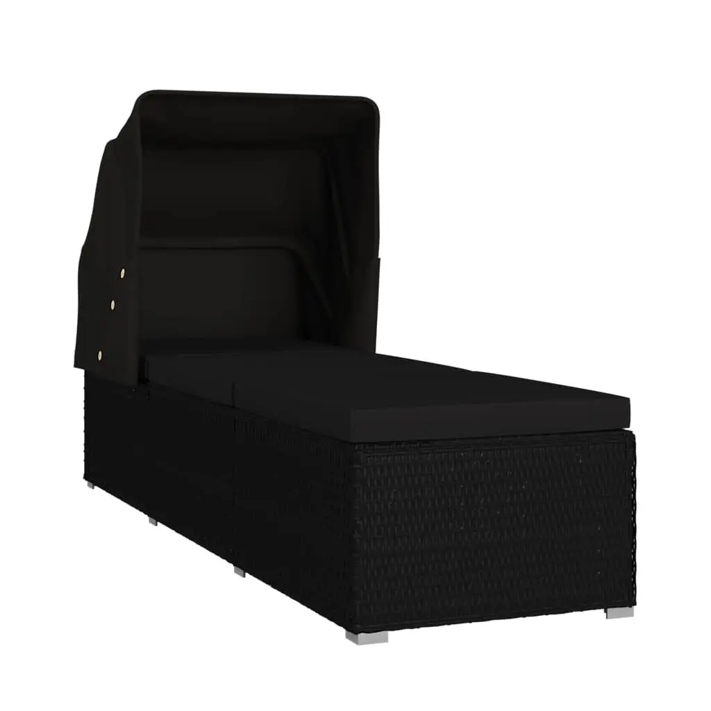 Sun Lounger with Canopy and Cushion Weather-resistant PE Rattan Outdoor Patio Bed Black