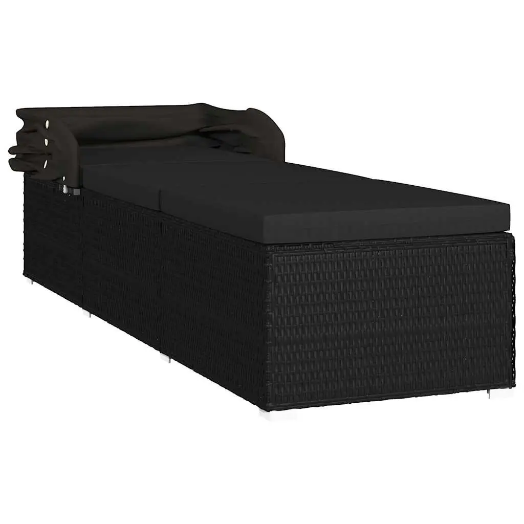 Sun Lounger with Canopy and Cushion Weather-resistant PE Rattan Outdoor Patio Bed Black