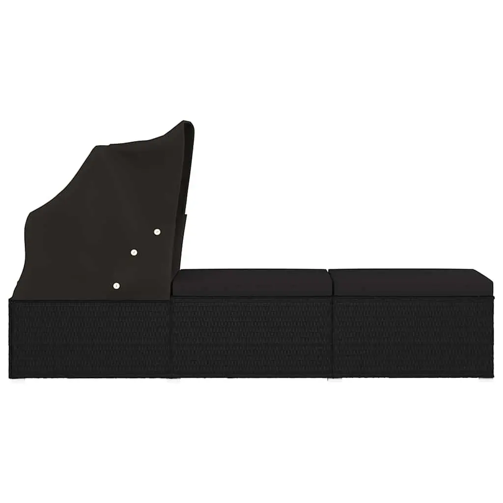 Sun Lounger with Canopy and Cushion Weather-resistant PE Rattan Outdoor Patio Bed Black