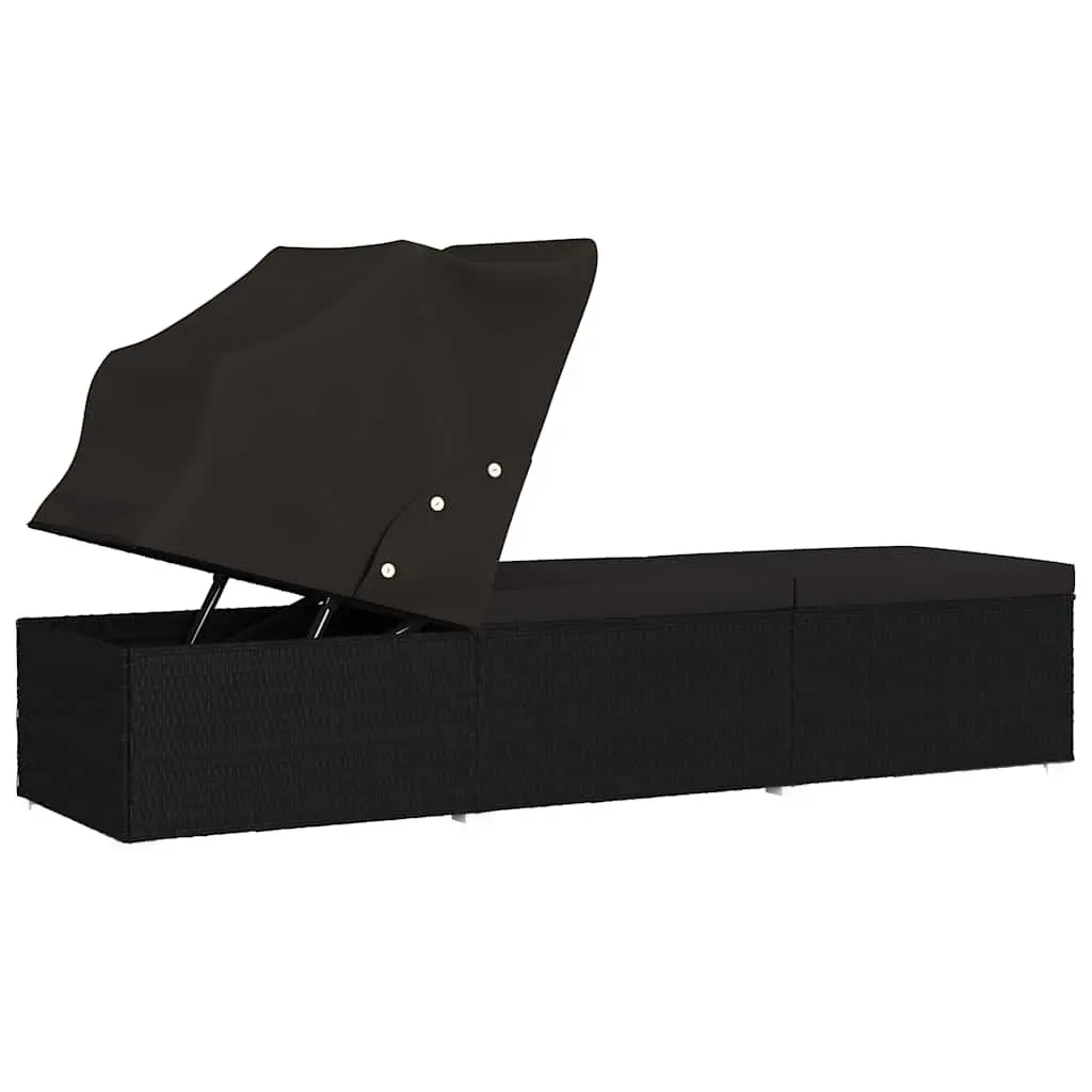 Sun Lounger with Canopy and Cushion Weather-resistant PE Rattan Outdoor Patio Bed Black