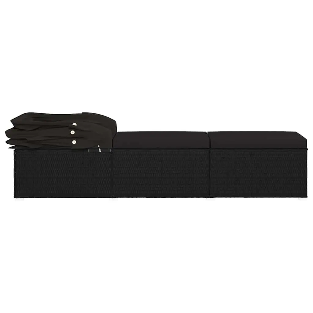 Sun Lounger with Canopy and Cushion Weather-resistant PE Rattan Outdoor Patio Bed Black