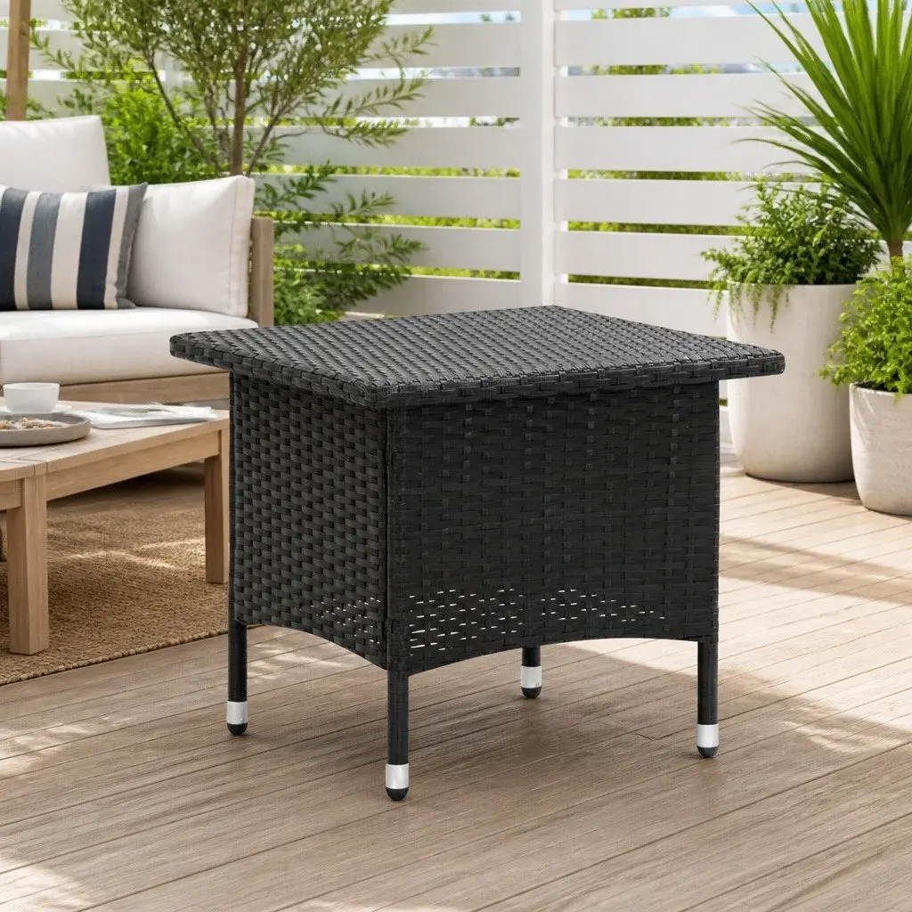 Outdoor Tea Table Black Weather-resistant Poly Rattan 50x50x47cm Garden Patio Side Coffee Table
