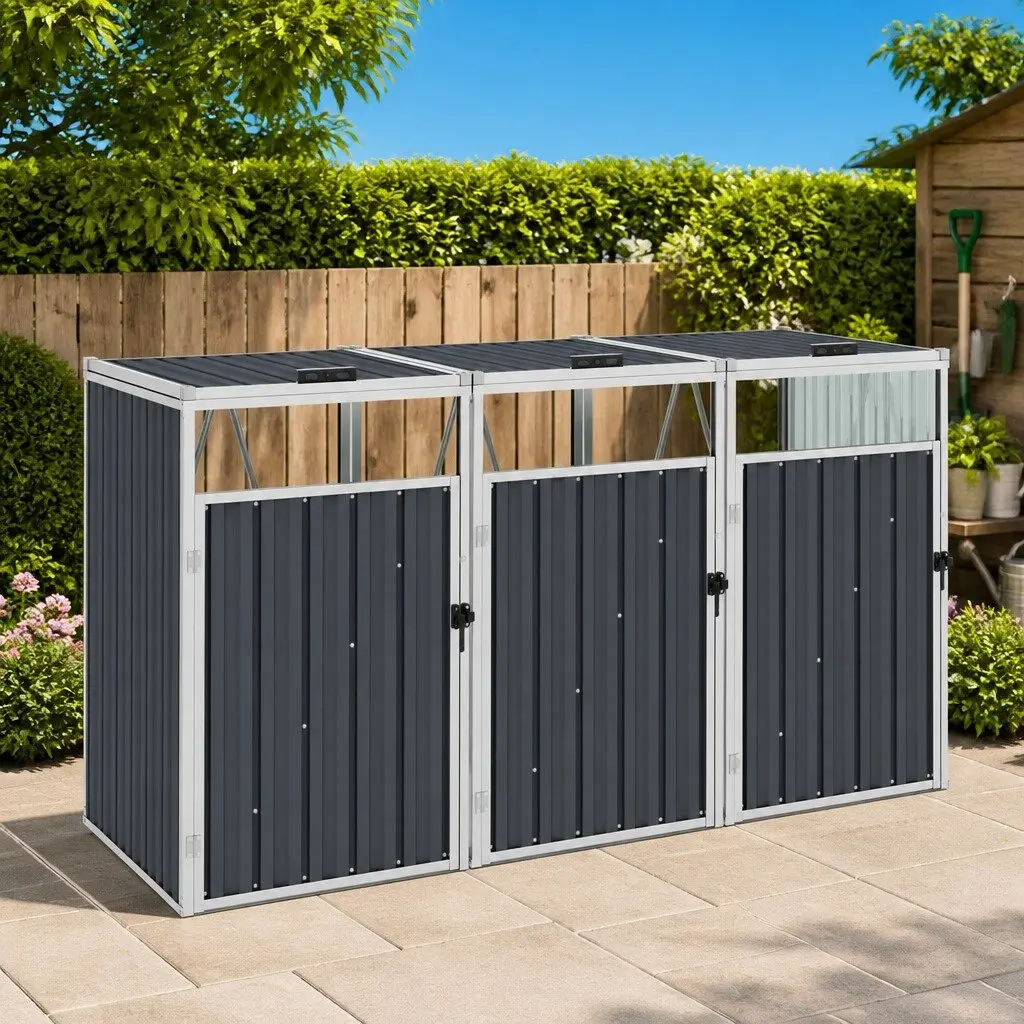 Triple Garbage Bin Shed Garden Waste Container Enclosure Grey Steel Storage