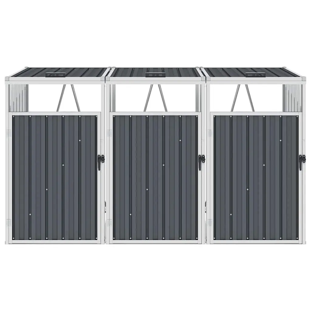 Triple Garbage Bin Shed Grey Steel Storage 213 x 81 x 121 cm