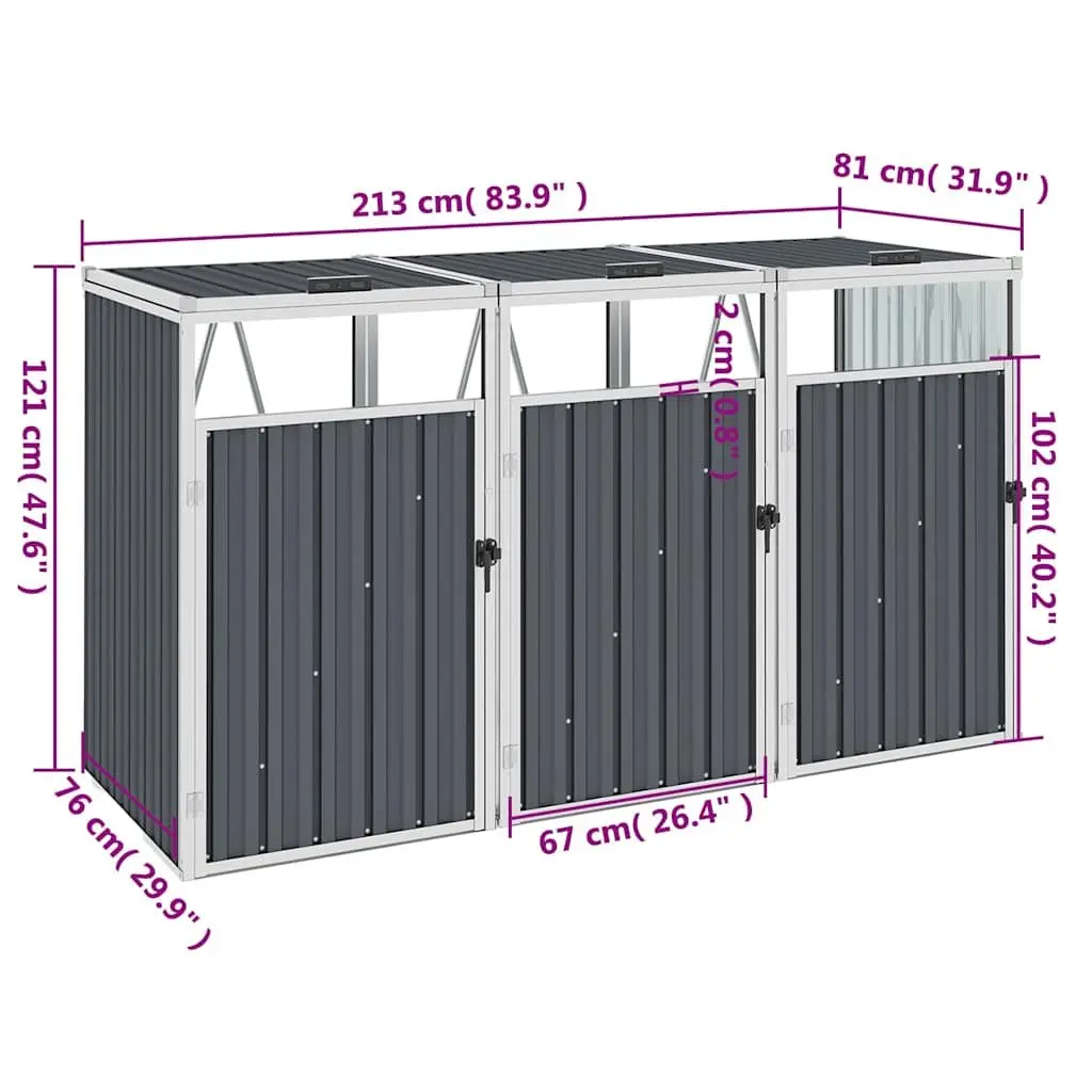 Triple Garbage Bin Shed Grey Steel Storage 213 x 81 x 121 cm