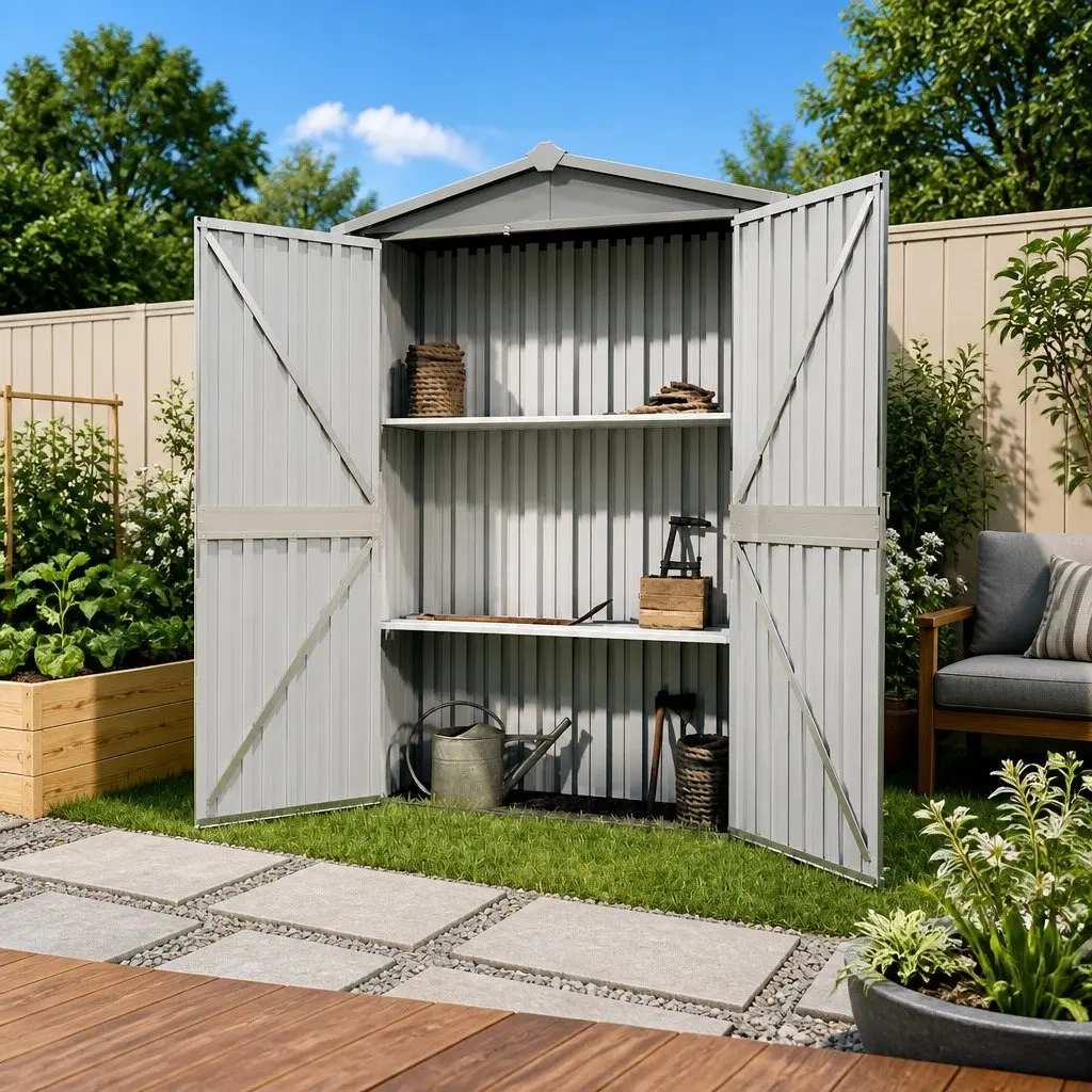 Garden Shed Grey Metal Galvanised Steel Outdoor Storage 116L x 45W x 175H cm