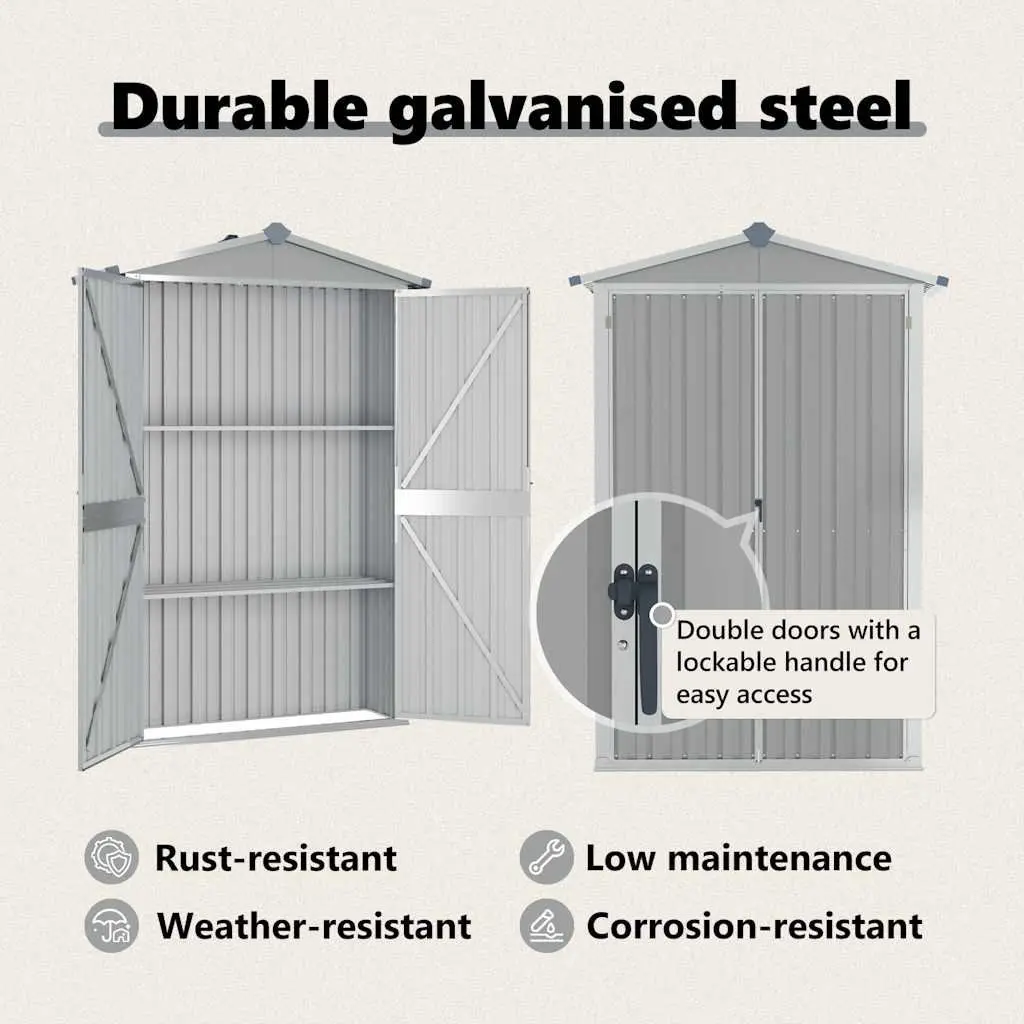 Garden Shed Grey Metal Galvanised Steel Outdoor Storage 116L x 45W x 175H cm