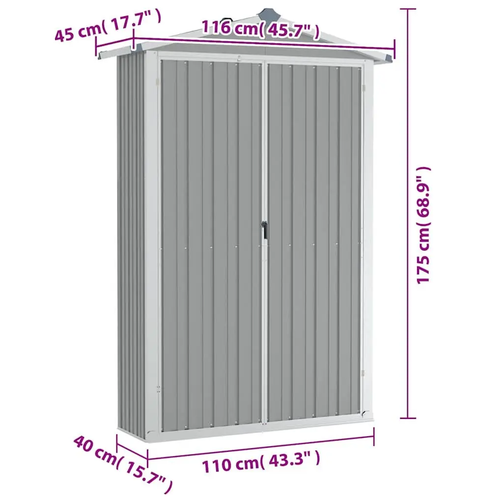 Garden Shed Grey Metal Galvanised Steel Outdoor Storage 116L x 45W x 175H cm