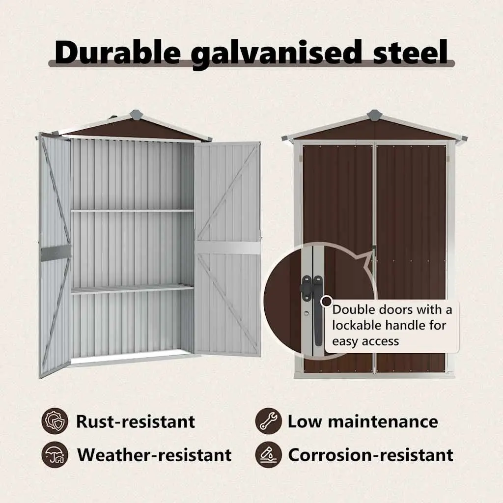 Garden Shed Brown Galvanised Steel Outdoor Storage with Double Doors and Shelves 116 x 45 x 175 cm