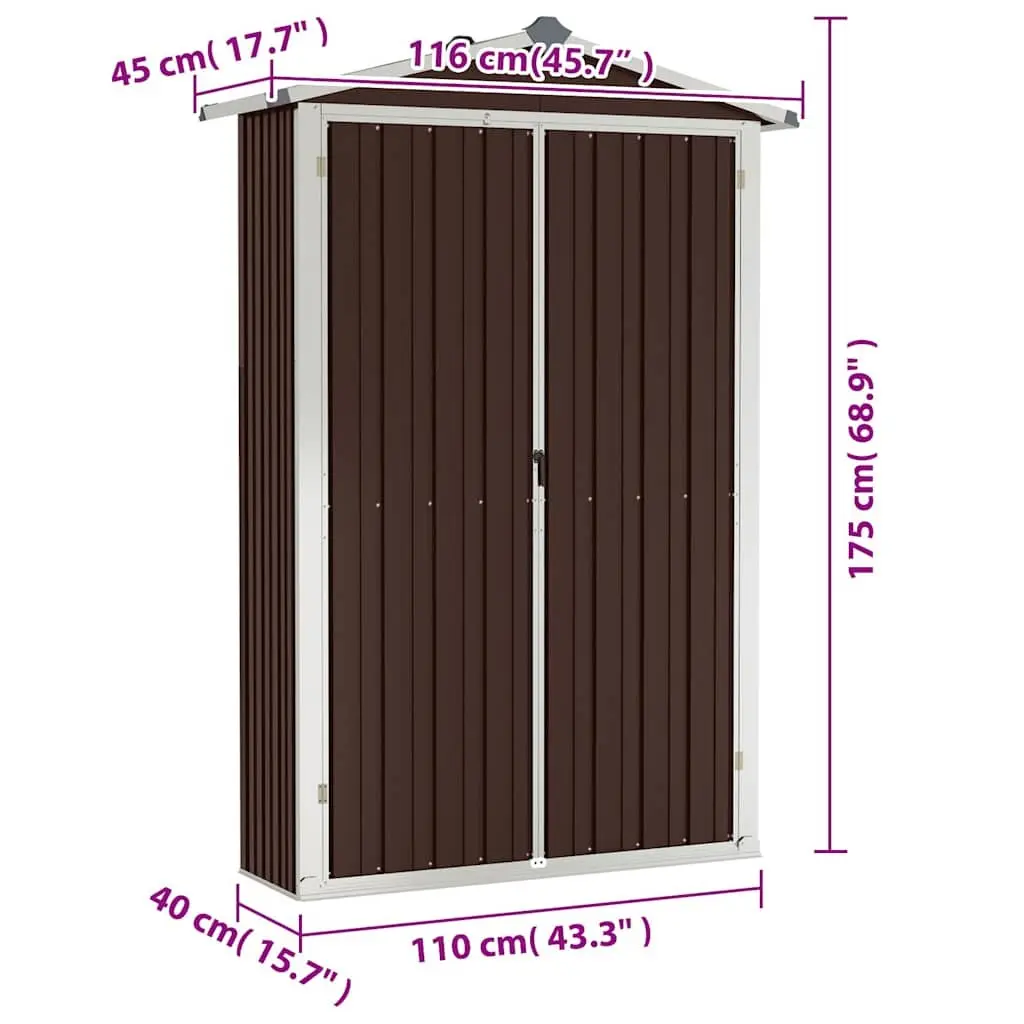 Garden Shed Brown Galvanised Steel Outdoor Storage with Double Doors and Shelves 116 x 45 x 175 cm