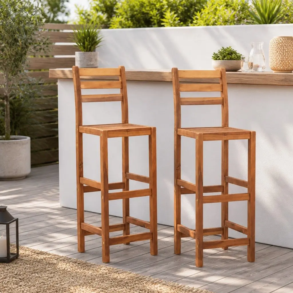 Bar Stools Solid Acacia Wood Outdoor Kitchen Dining Seating Set 2 pcs
