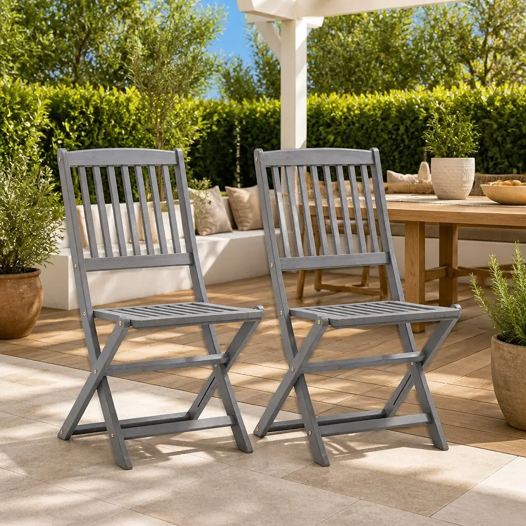 Folding Chairs Grey Solid Acacia Wood Outdoor Dining Set 2 Pcs