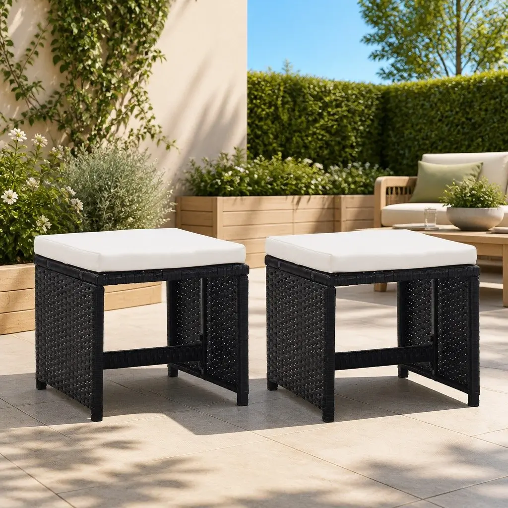 Outdoor Garden Stools Set 2 pcs Black with Cushions Poly Rattan Patio Seating