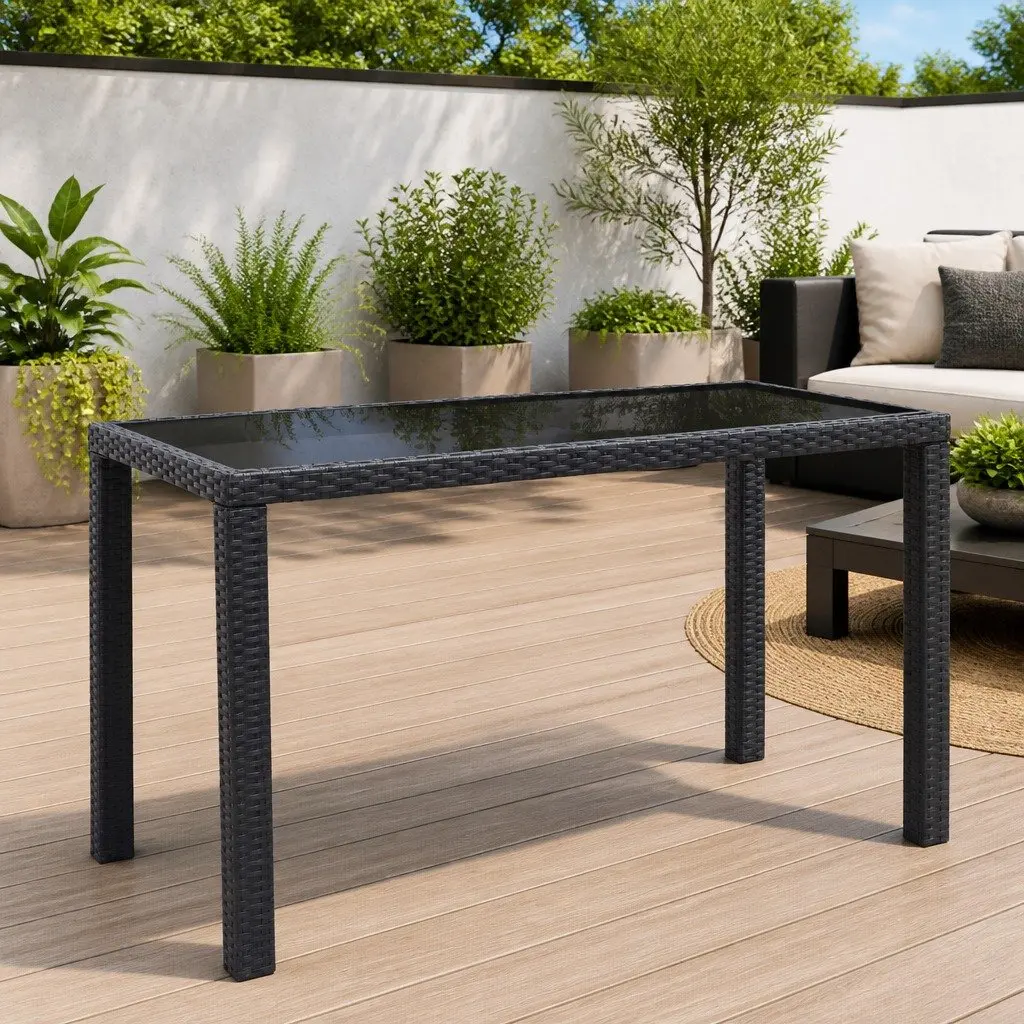 Outdoor Dining Table Poly Rattan Black Glass Top 123cm