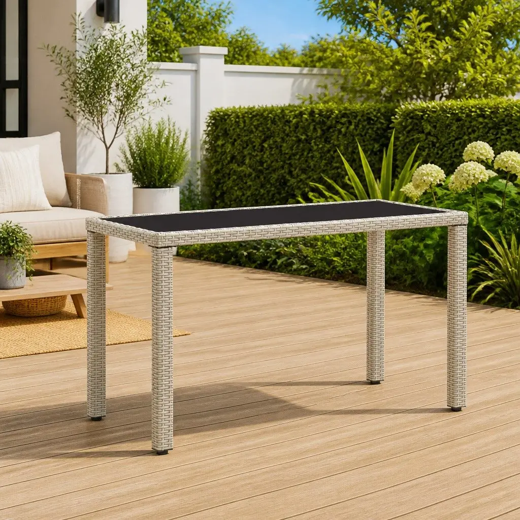 Garden Dining Table Beige Poly Rattan Glass Top 123 x 60 x 74 cm