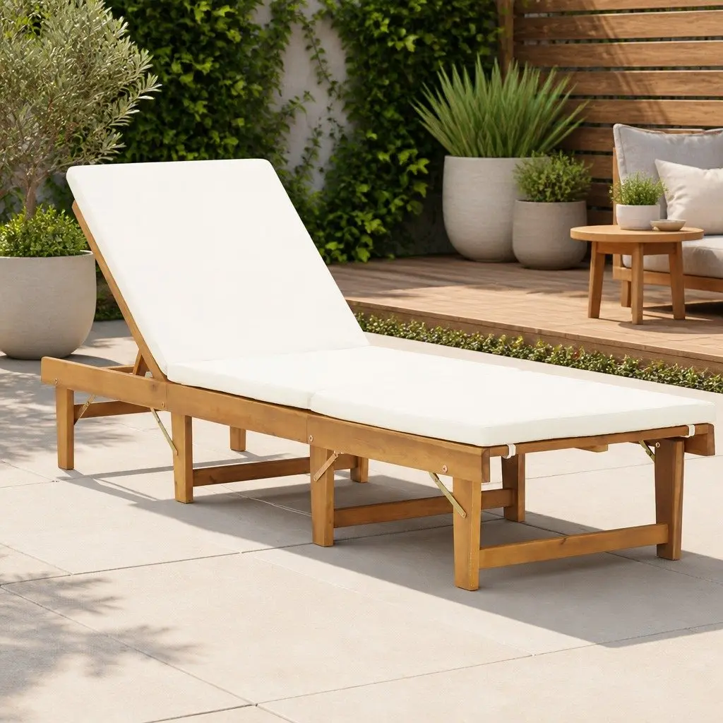 Folding Sun Lounger Solid Wood Outdoor Adjustable Height 4 Position with Cushion