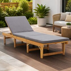 Folding Sun Lounger Chair Grey Cushion Solid Acacia Wood Garden Outdoor Patio