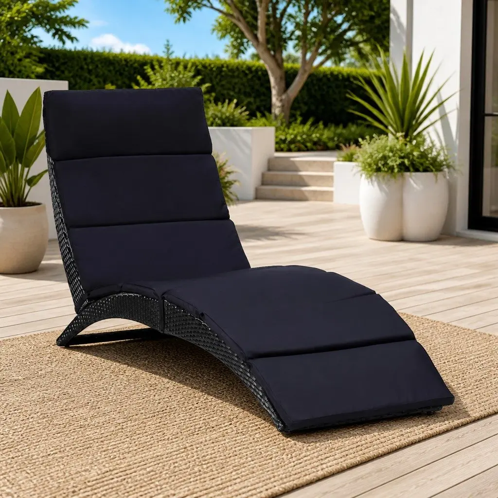 Sun Lounger Foldable Poly Rattan Outdoor Sunbed with Thick Cushion Grey