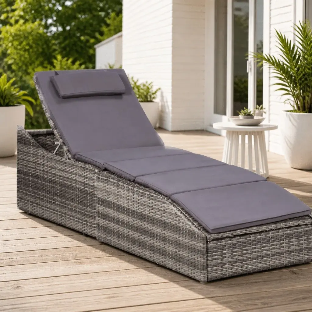 Sun Lounger Adjustable Backrest Grey Poly Rattan Outdoor Patio Chair