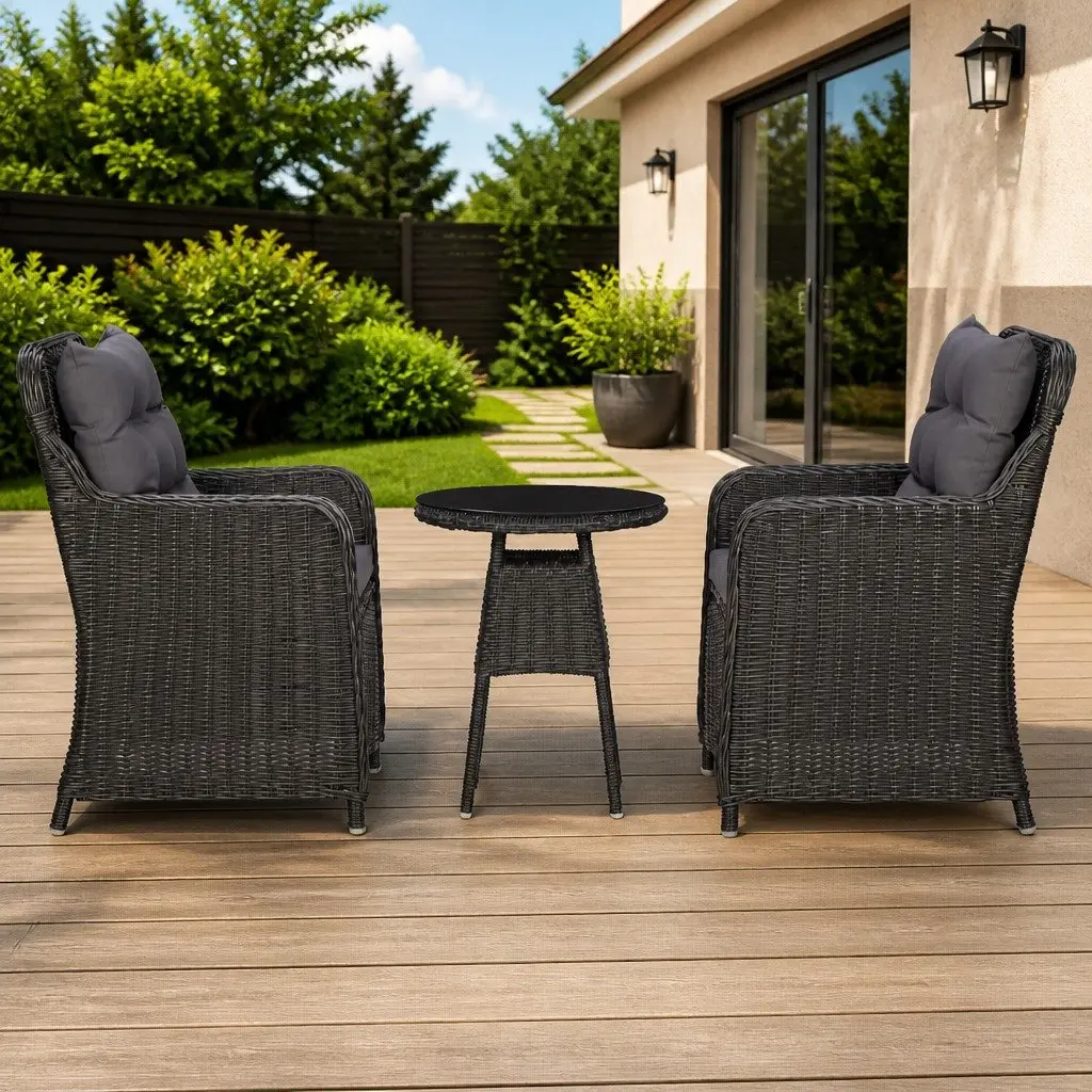 Outdoor Chairs Set 2 pcs with Tea Table Poly Rattan Garden Seating Black