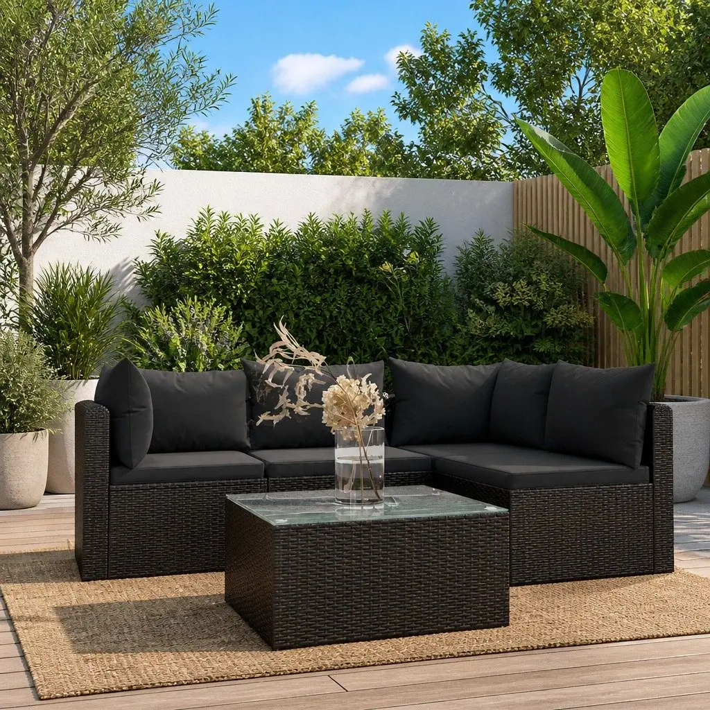 5 Piece Garden Lounge Set with Cushions Poly Rattan Outdoor Sofa Black
