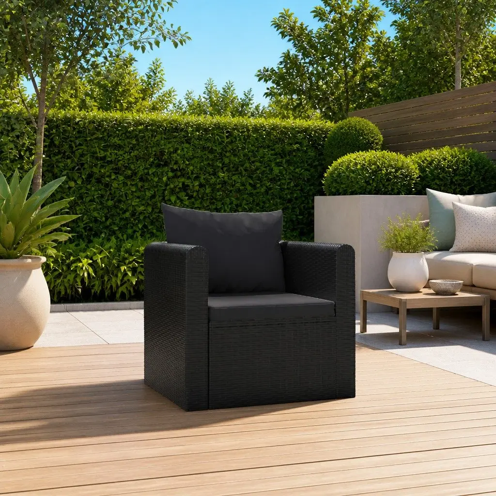 Single Sofa Black Outdoor Lounge Seat with Cushions Hand-Woven Poly Rattan Garden Patio Furniture