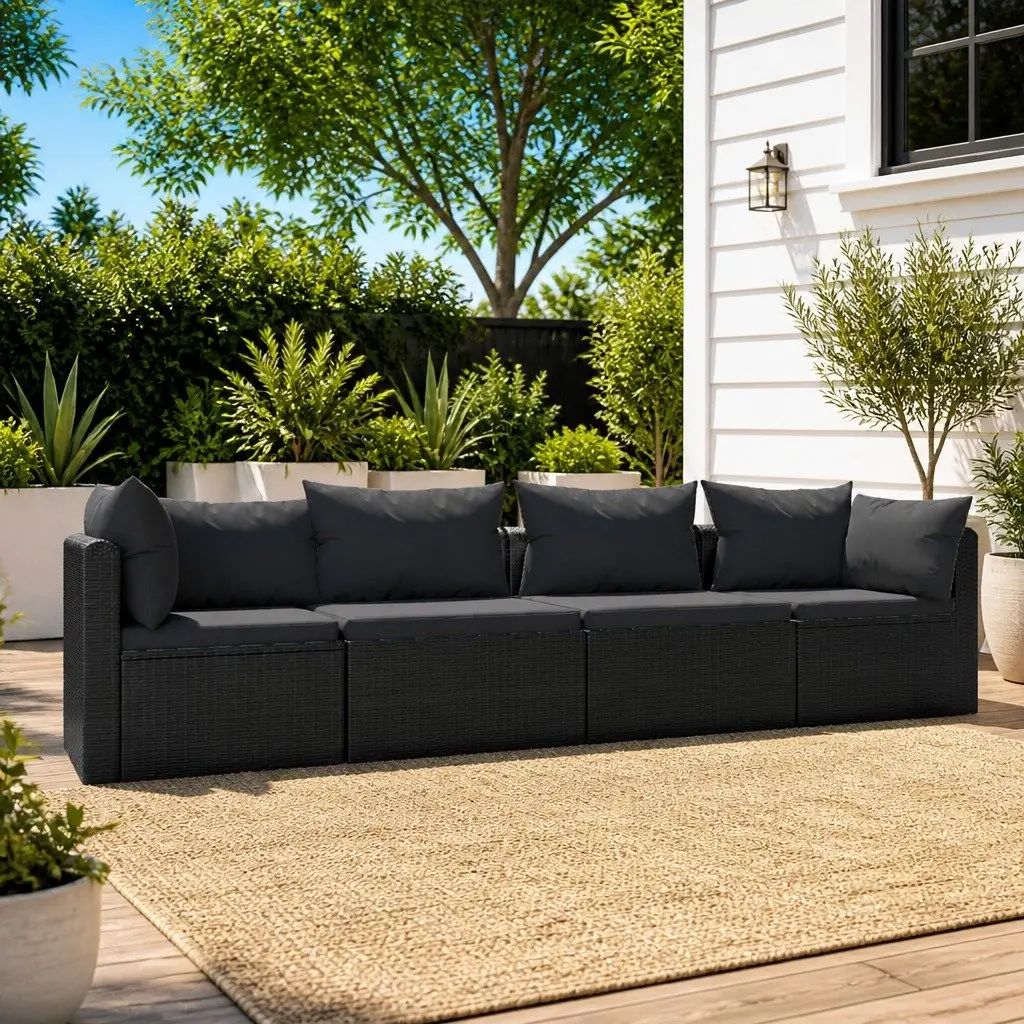 Outdoor Sectional Sofa Set Hand-Woven PE Rattan 4 Piece Black Cushions