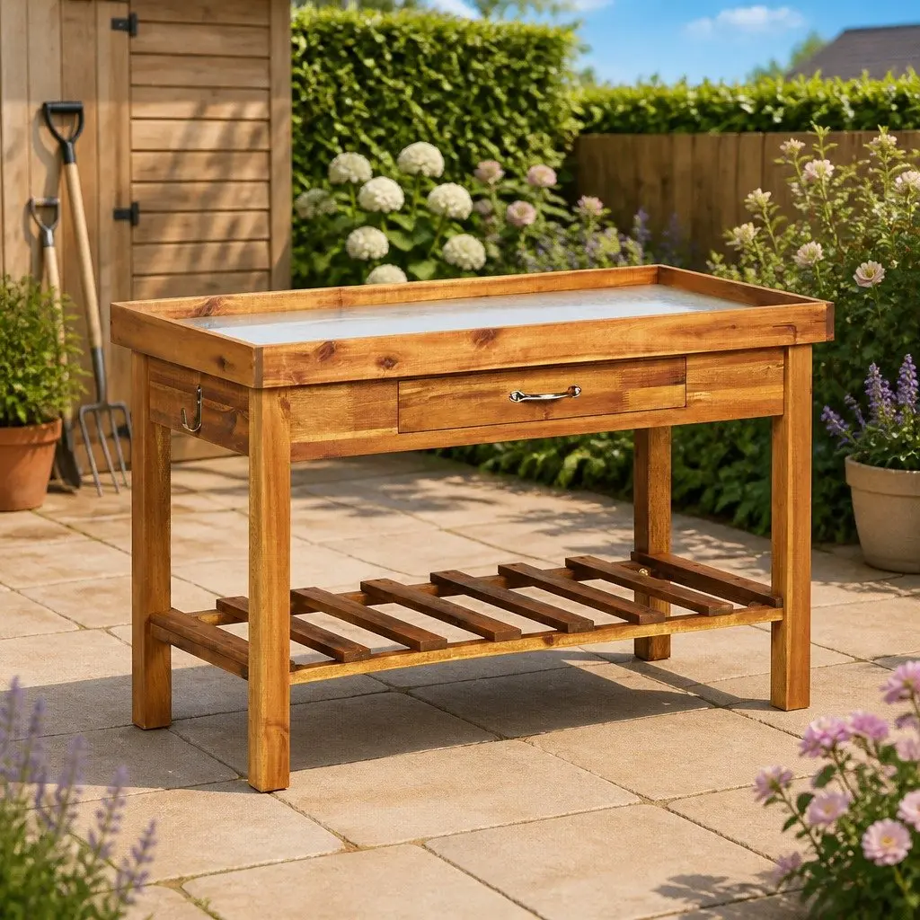 Garden Work Bench Solid Acacia Wood Zinc Top 1 Piece
