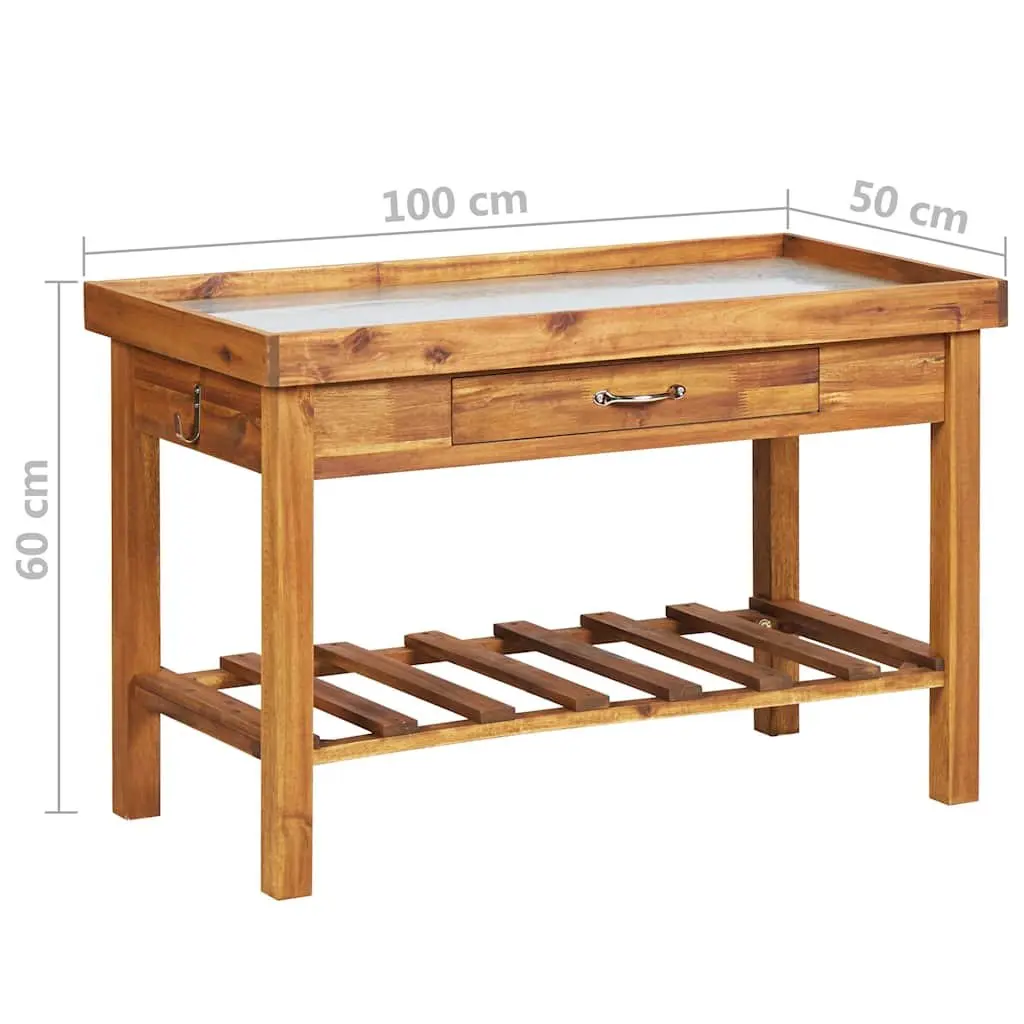 Garden Work Bench Solid Acacia Wood Zinc Top 1 Piece