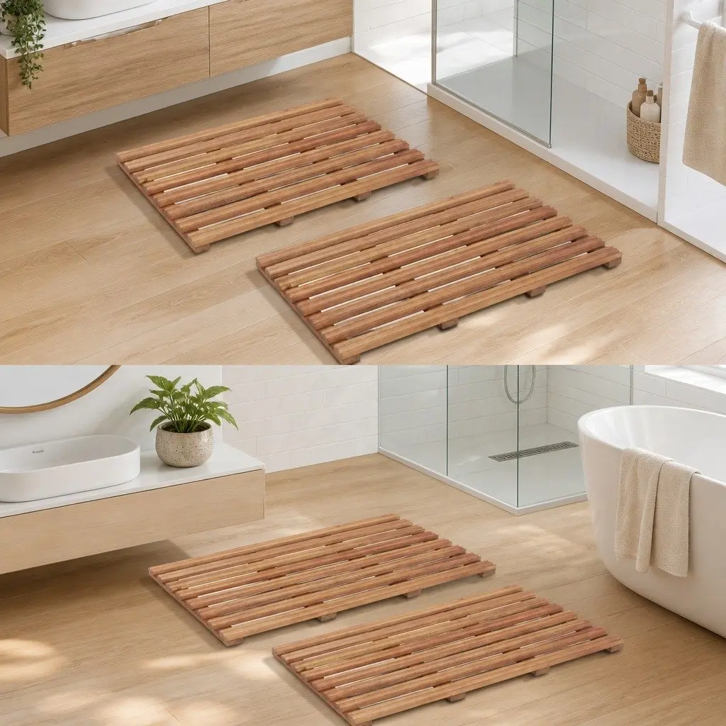 Acacia Wood Bath Mats, Set of 2 Non-Slip