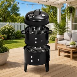 3-in-1 Charcoal Smoker BBQ Grill Outdoor Cooking 40x80cm Black Portable