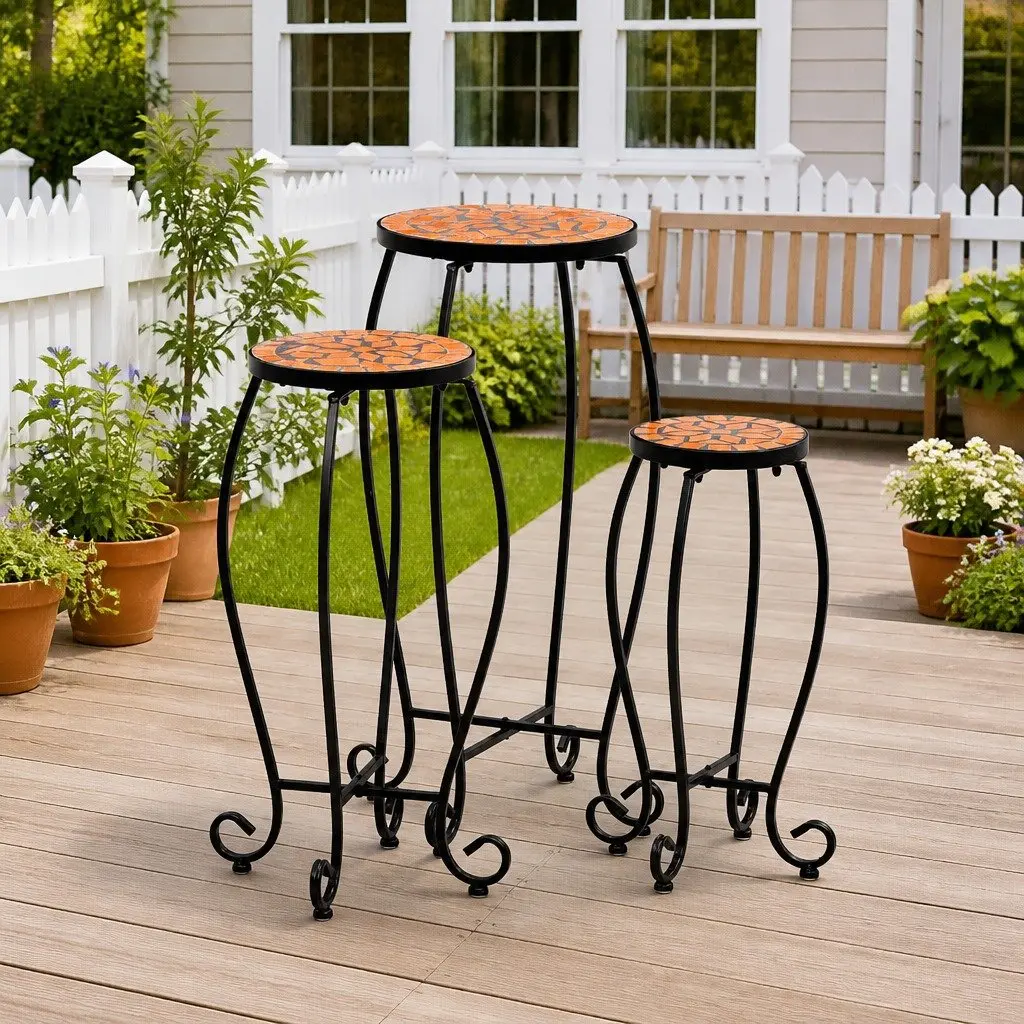 Mosaic Plant Stand Table Set 3 Piece Ceramic Top Garden Outdoor Patio Decor Brown