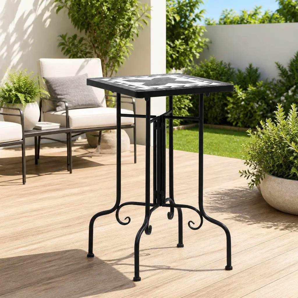 Mosaic Side Table Weatherproof Black White Ceramic Outdoor Garden Plant Stand Curved Legs