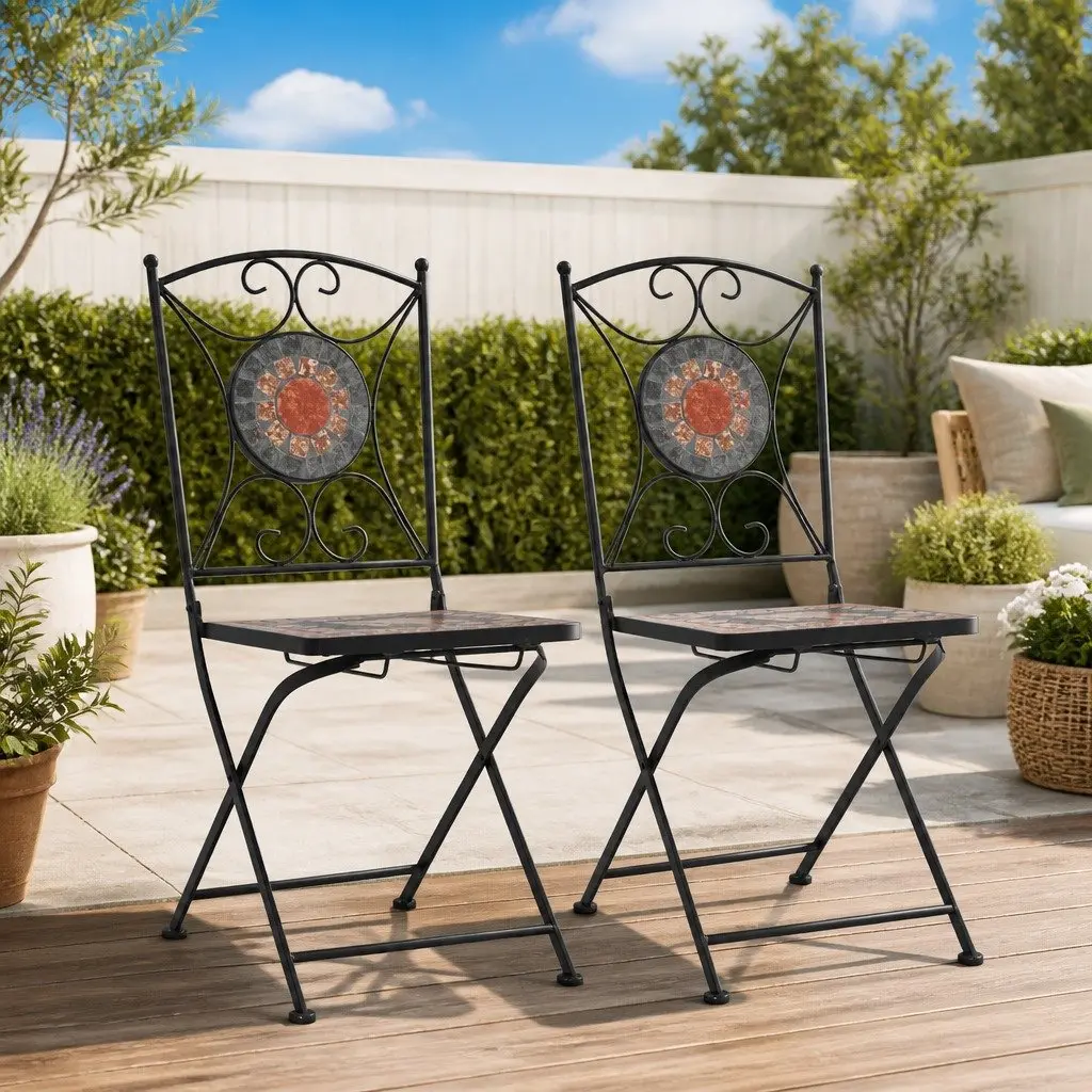 Mosaic Bistro Chairs Set for Outdoor Garden Patio Seating Waterproof Ceramic Seats Iron Frame Orange Grey