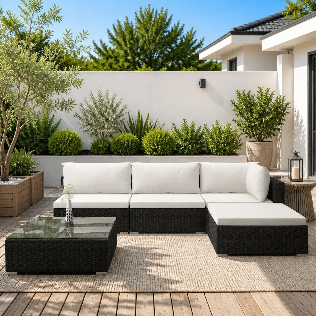 5 Piece Garden Lounge Set Outdoor Patio Sofa with Cushions Weather-Resistant Poly Rattan Black